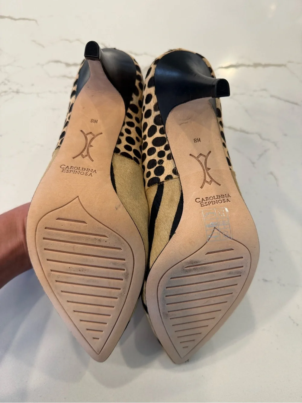 Carolinna Espinoso Embossed Zebra-Print Pointed Pumps in Tan and Black